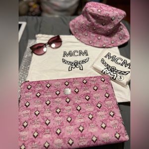 Brand new authentic pink MCM sunglasses, bucket hat, & clutch bag.